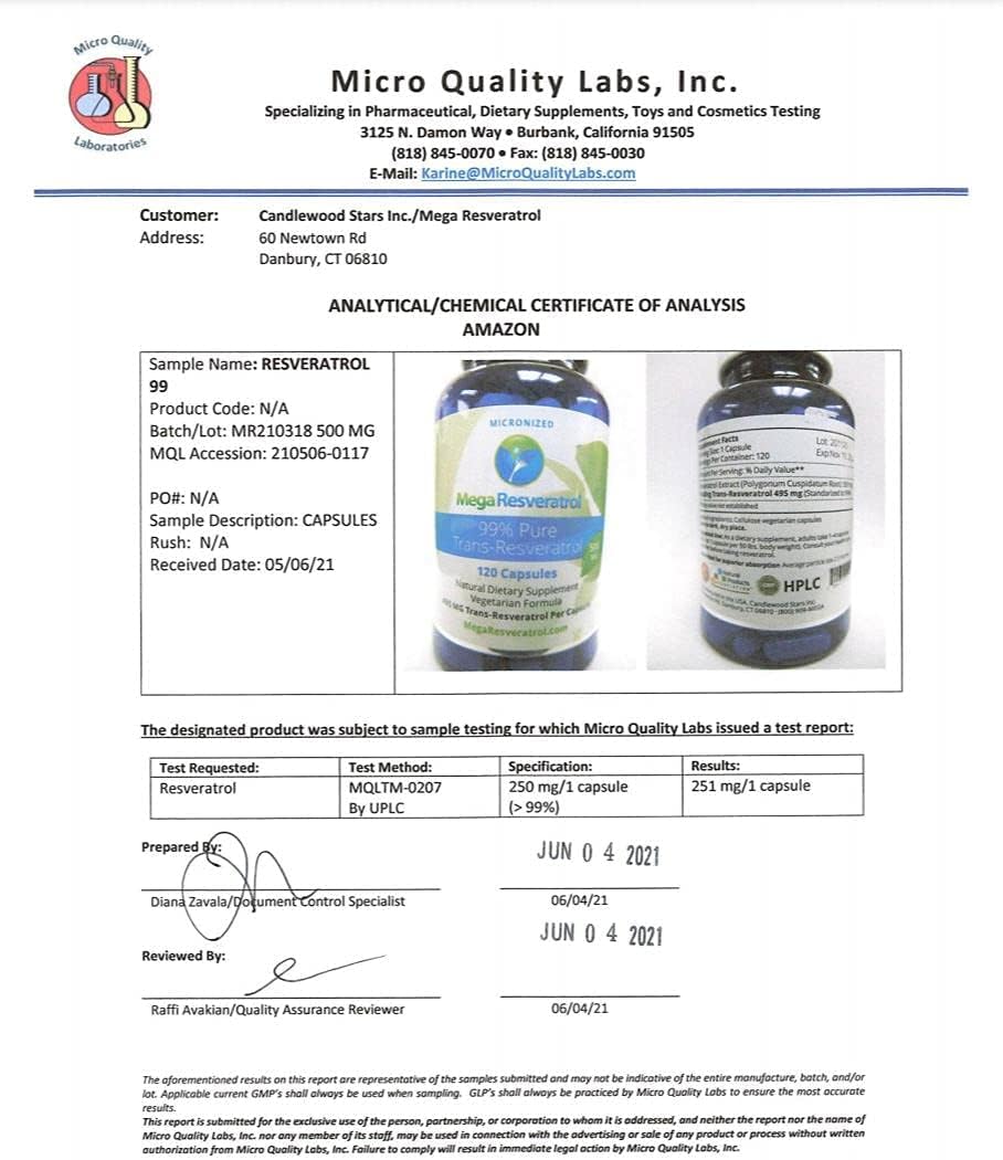 Isolate Trans-Resveratrol Capsules - 500mg, 120 Count, Pharmaceutical Grade, 99% Pure, Micronized, Purity Certified, No Fillers