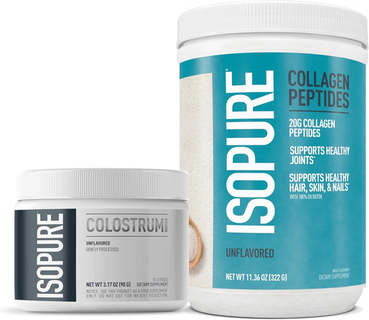 Isopure Bundle: Bovine Colostrum & Collagen Peptides Powder with Vitamin C & Biotin - 90 Servings & 14 Servings, Unflavored
