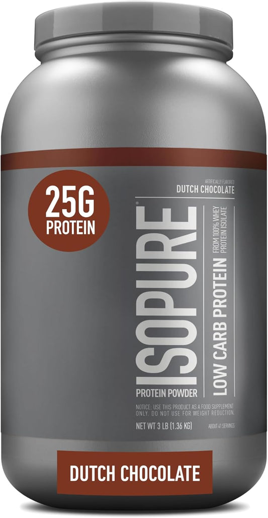 Isopure Low Carb Dutch Chocolate Whey Isolate Protein Powder - 25g Protein, 3 lbs, Lactose & Gluten Free, With Vitamins - 41 Servings