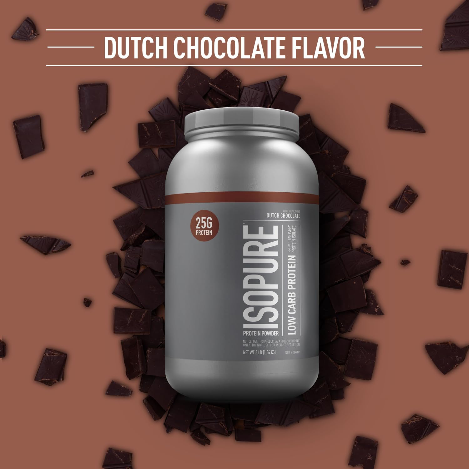 Isopure Low Carb Dutch Chocolate Whey Isolate Protein Powder - 25g Protein, 3 lbs, Lactose & Gluten Free, With Vitamins - 41 Servings