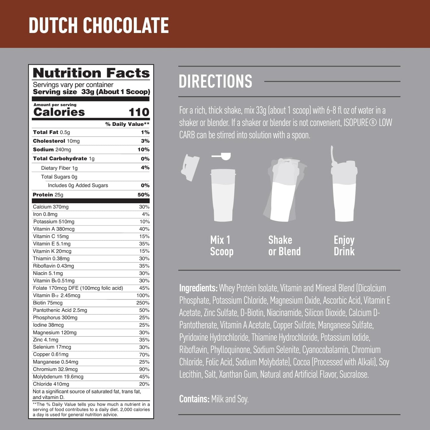 Isopure Low Carb Dutch Chocolate Whey Isolate Protein Powder - 25g Protein, 3 lbs, Lactose & Gluten Free, With Vitamins - 41 Servings