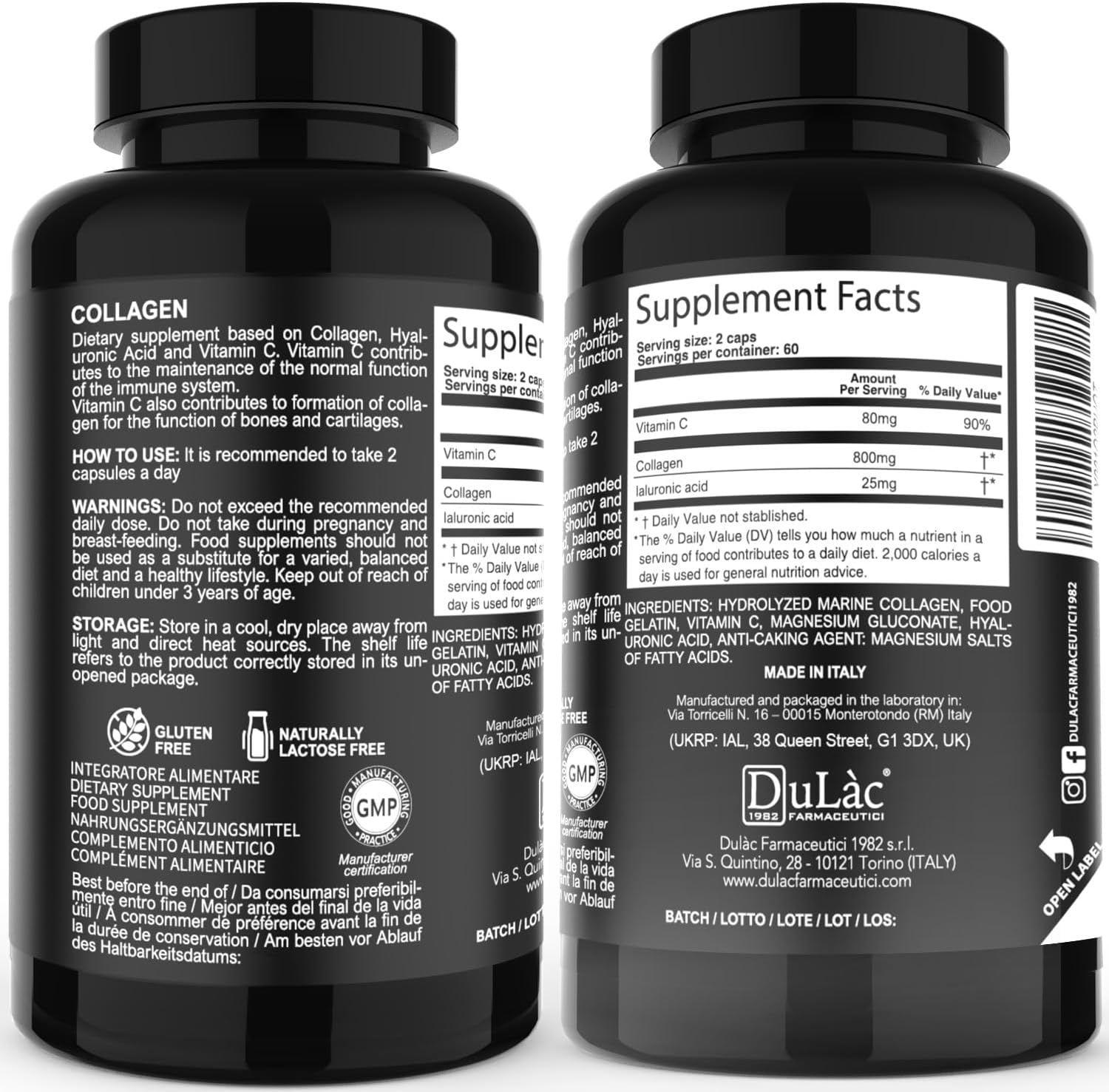 Italian-Made Dulàc Collagen and Hyaluronic Acid Pills with Biotin, Zinc, and Selenium - 120 Capsules for Skin, Joints, and Bones