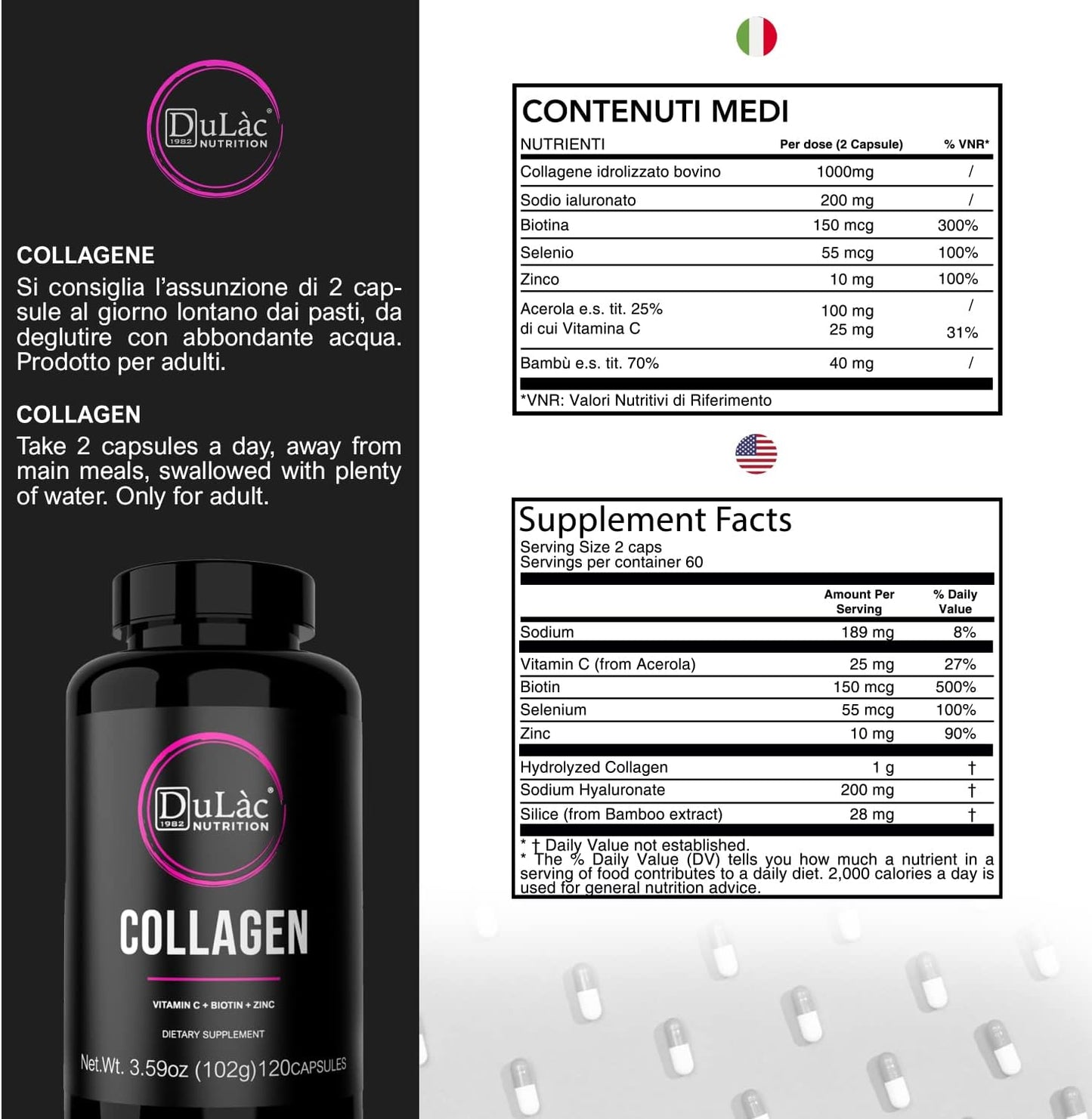 Italian-Made Dulàc Collagen and Hyaluronic Acid Pills with Biotin, Zinc, and Selenium - 120 Capsules for Skin, Joints, and Bones