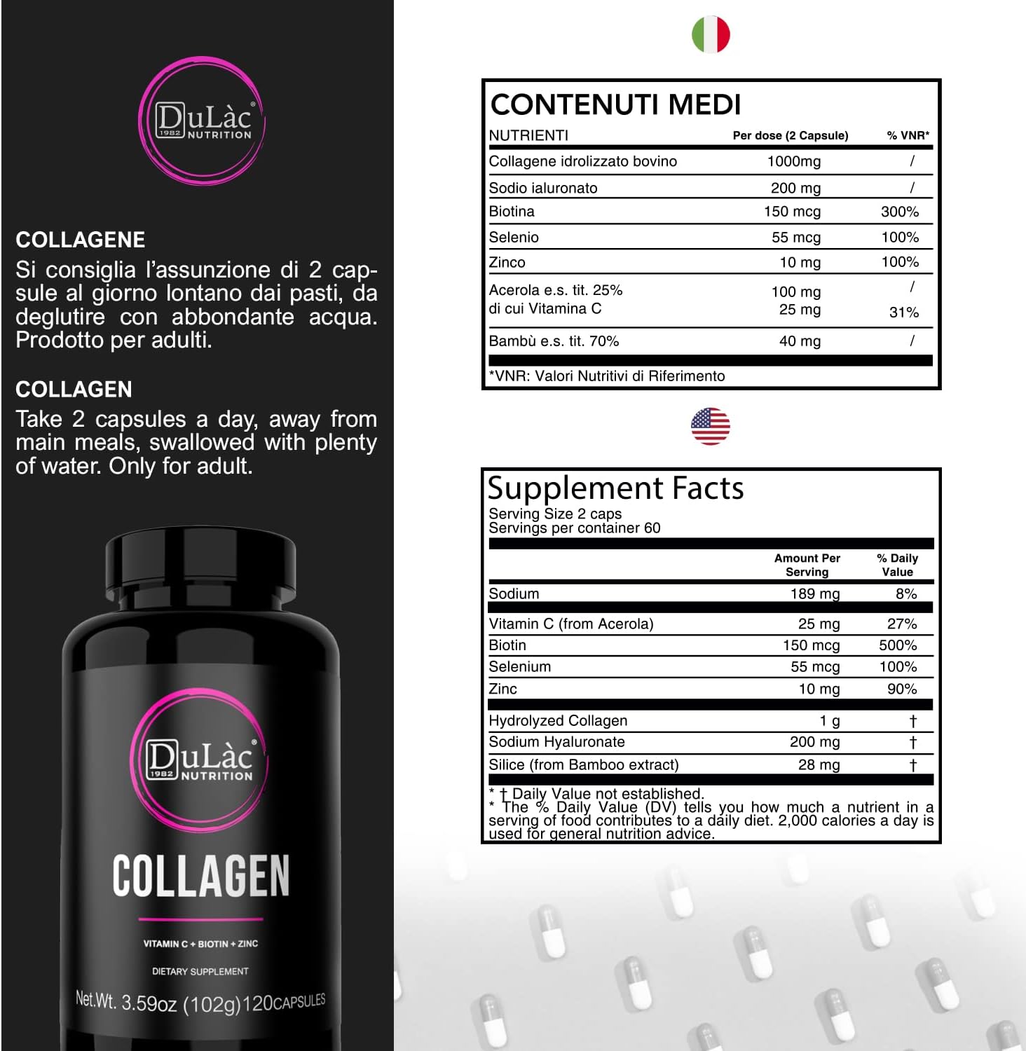 Italian-Made Dulàc Collagen and Hyaluronic Acid Pills with Biotin, Zinc, and Selenium - 120 Capsules for Skin, Joints, and Bones