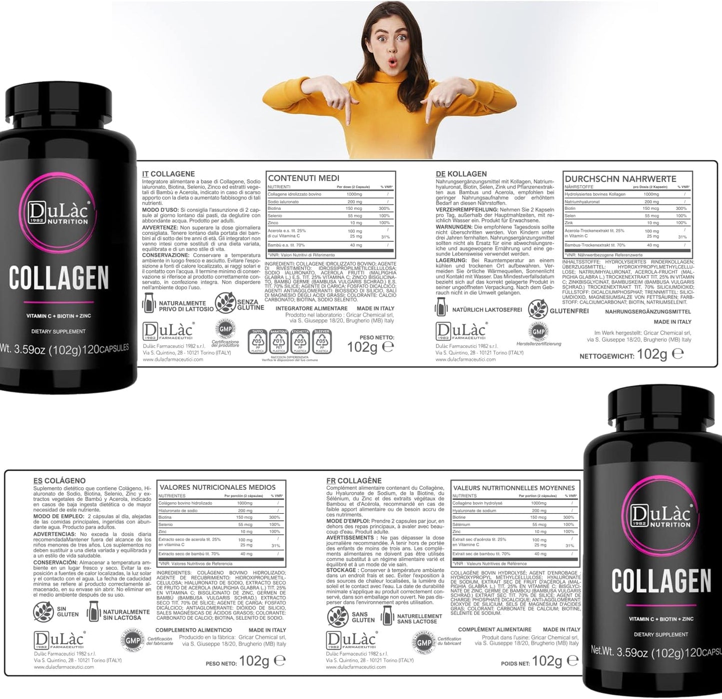 Italian-Made Dulàc Collagen and Hyaluronic Acid Pills with Biotin, Zinc, and Selenium - 120 Capsules for Skin, Joints, and Bones