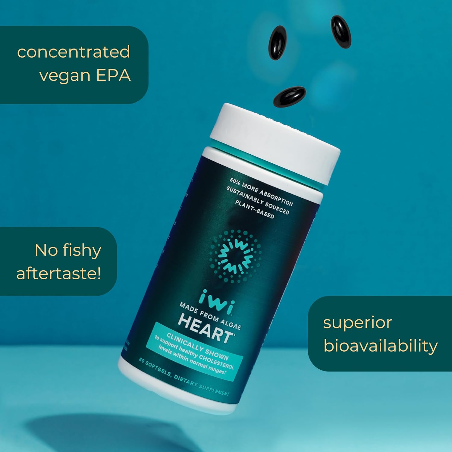 Iwi Life Heart Omega-3 Softgels - 180 Count, Vegan Algae Fatty Acids + EPA Supplement for Heart Health, Krill & Fish Oil Alternative