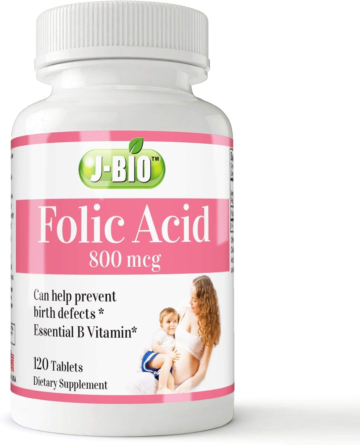 J-Bio Folic Acid 800mcg Tablets for Women's Daily Health & Prenatal Care (120 Count)