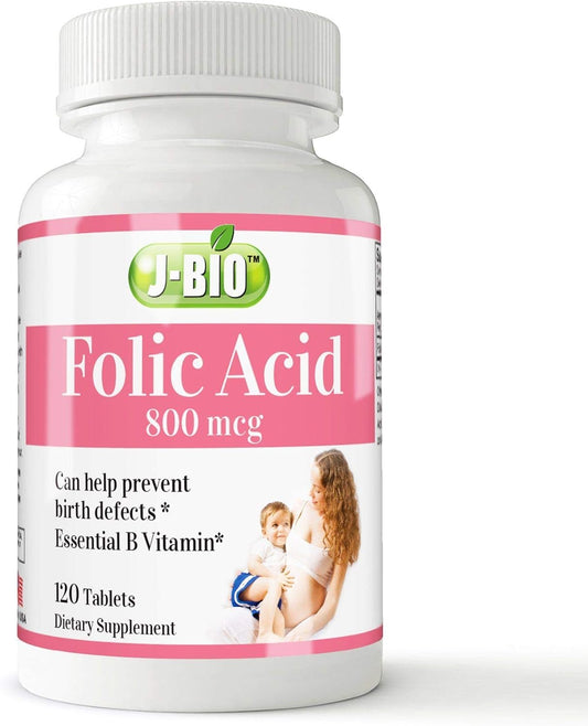 J-Bio Folic Acid 800mcg Tablets for Women's Daily Health & Prenatal Care (120 Count)