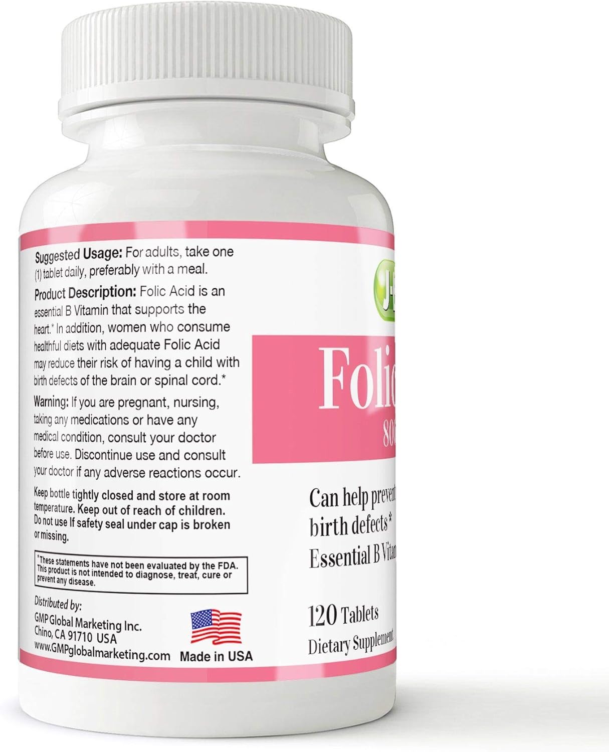 J-Bio Folic Acid 800mcg Tablets for Women's Daily Health & Prenatal Care (120 Count)