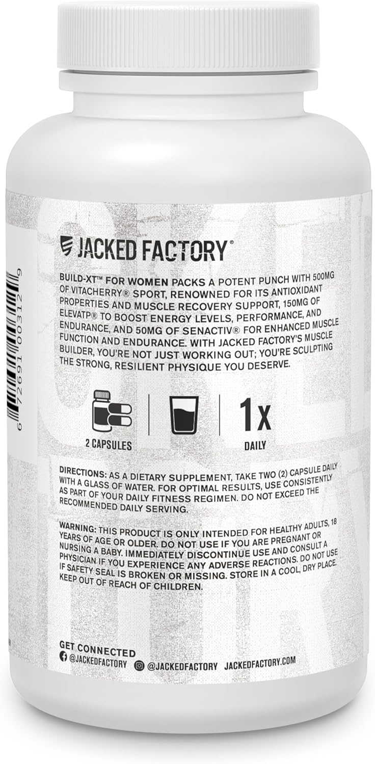 Jacked Factory Build-XT for Women with VitaCherry, ElevATP, & Senactiv - Muscle Growth Supplement for Women - 60 Count