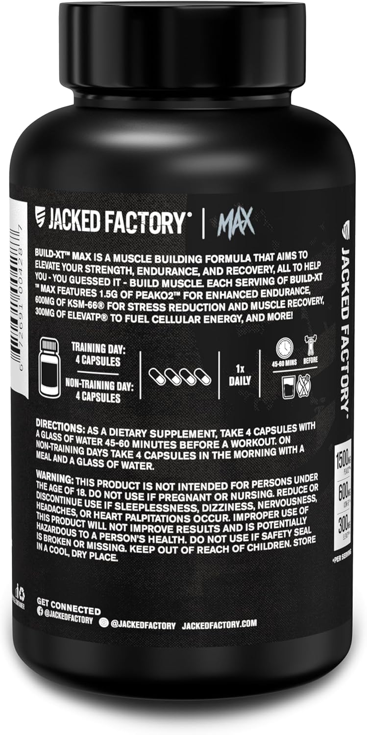 Jacked Factory Build-XT Max Muscle Builder - ATP Supplement for Muscle Recovery, Growth, & Endurance - 120 Count