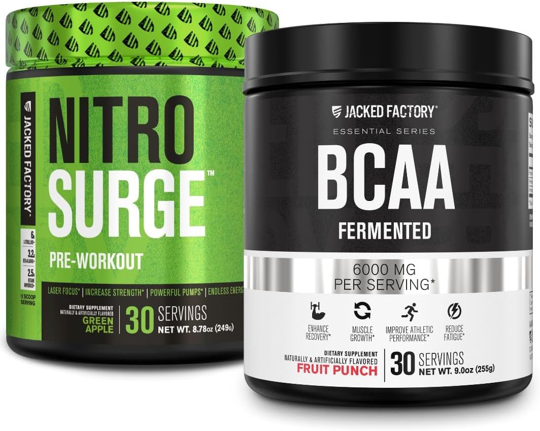 Jacked Factory Nitrosurge Pre-Workout in Green Apple & BCAA in Fruit Punch: Muscle Building & Recovery Formula