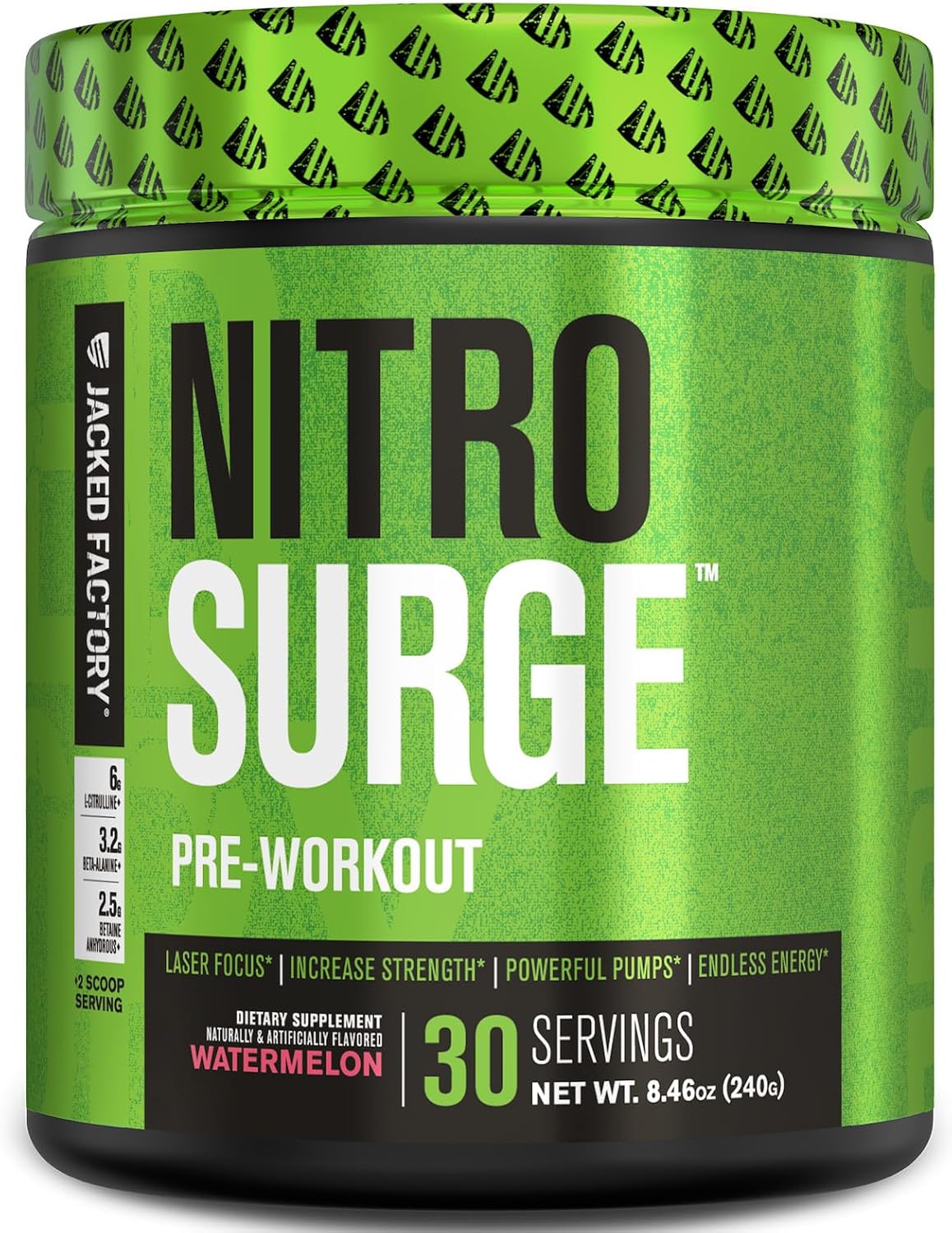 Jacked Factory NITROSURGE Pre Workout Supplement - Boost Energy, Strength, Focus, and Pumps - NO Booster & Powerful Energy Powder - 30 Servings, Watermelon Flavor