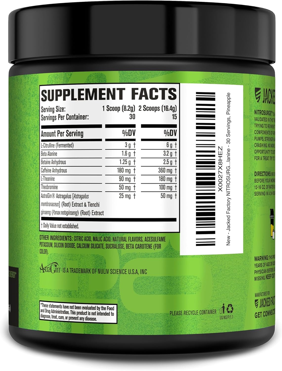 Jacked Factory NITROSURGE Pre Workout Supplement - Boost Energy, Strength, Focus, and Pumps - Nitric Oxide Booster with Beta Alanine - 30 Servings, Pineapple Flavor