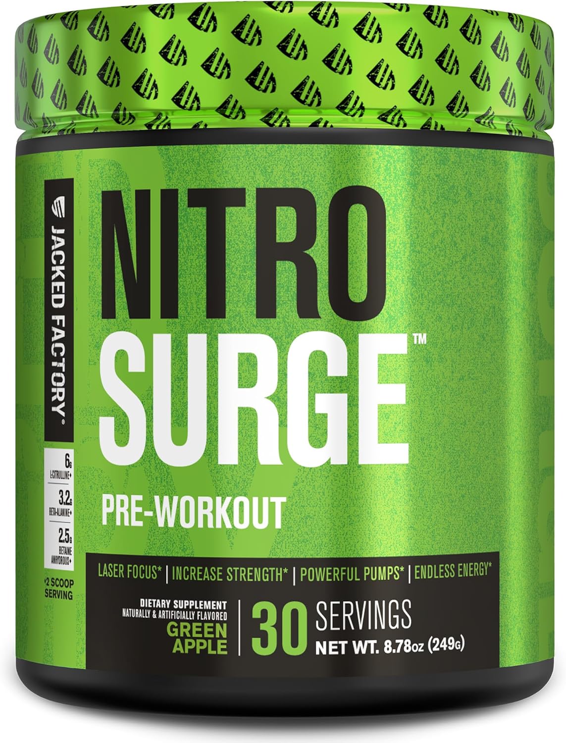 Jacked Factory NITROSURGE Pre Workout Supplement - Energy, Strength, Focus, Pumps - NO Booster & Preworkout Powder - 30 Servings, Green Apple