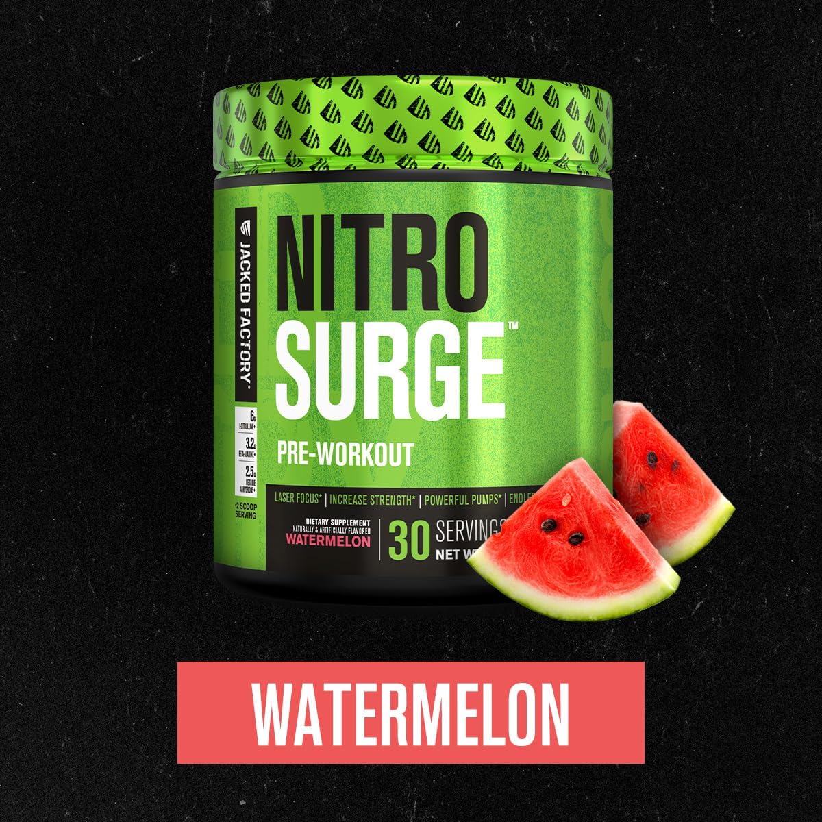 Jacked Factory NITROSURGE Pre Workout Supplement - Boost Energy, Strength, Focus, and Pumps - NO Booster & Powerful Energy Powder - 30 Servings, Watermelon Flavor