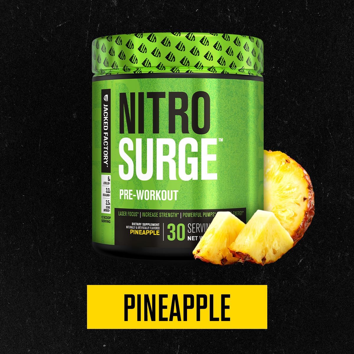 Jacked Factory NITROSURGE Pre Workout Supplement - Boost Energy, Strength, Focus, and Pumps - Nitric Oxide Booster with Beta Alanine - 30 Servings, Pineapple Flavor