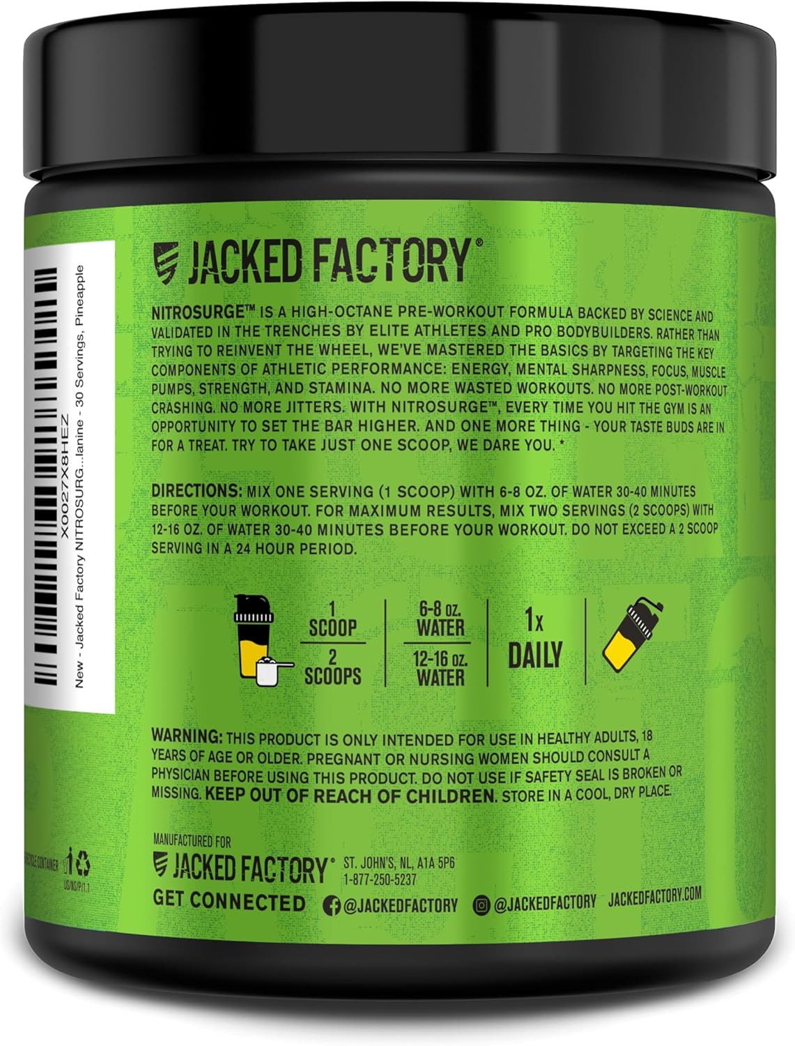 Jacked Factory NITROSURGE Pre Workout Supplement - Boost Energy, Strength, Focus, and Pumps - Nitric Oxide Booster with Beta Alanine - 30 Servings, Pineapple Flavor