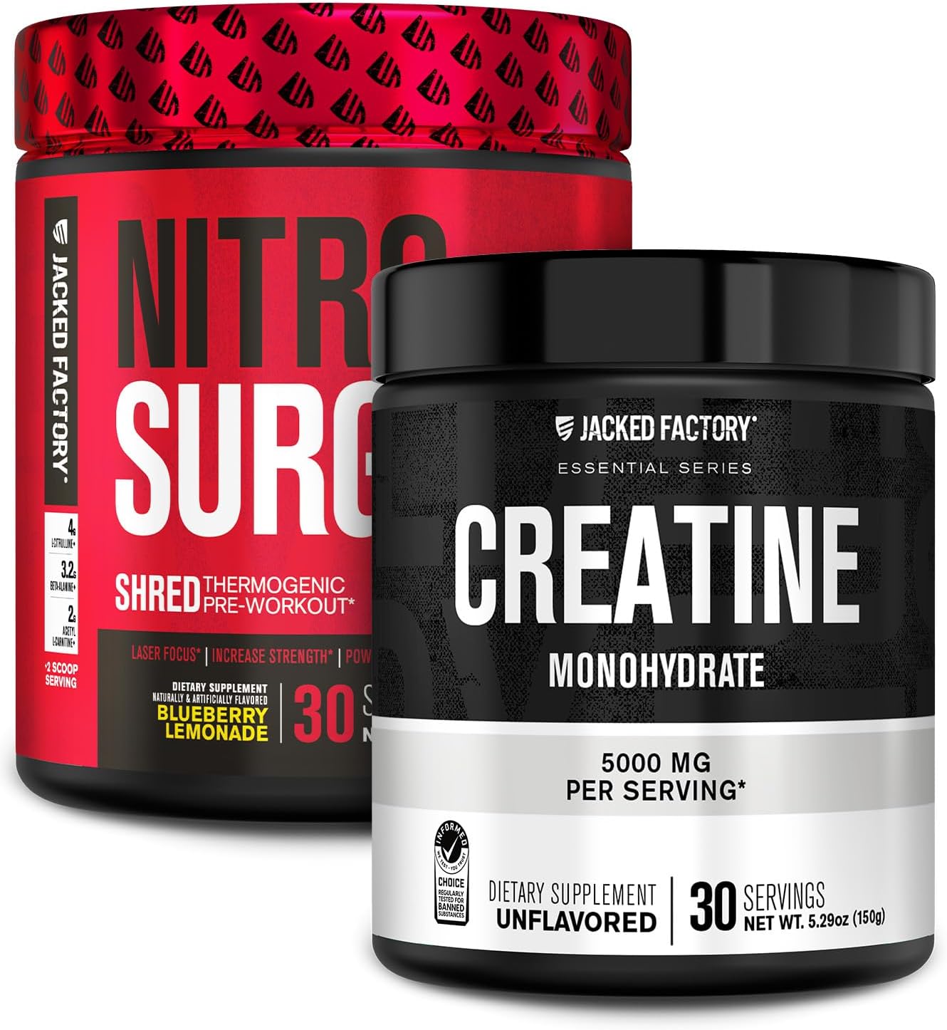 Jacked Factory NITROSURGE Shred Pre Workout & Creatine Monohydrate Combo Pack - Blueberry Lemonade & Unflavored, 30 Servings