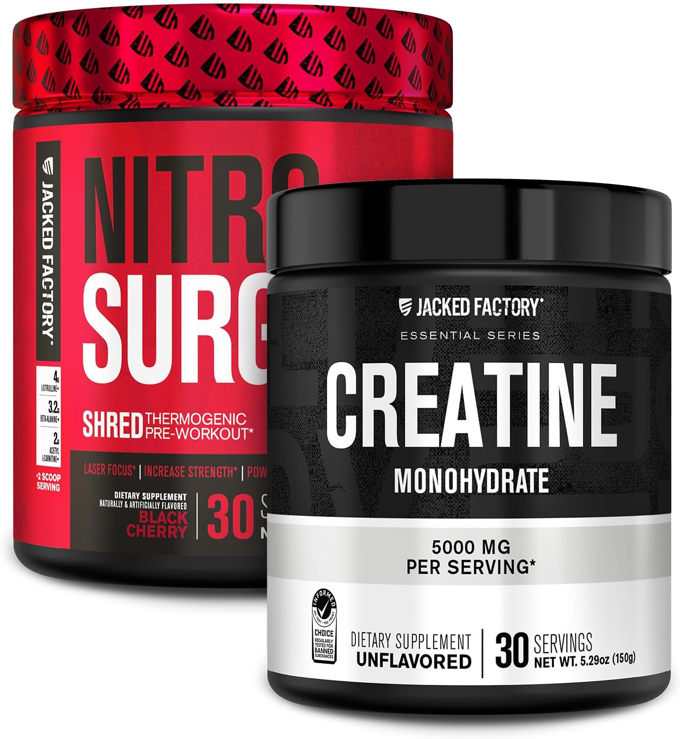 Jacked Factory Nitrosurge Shred Pre Workout & Creatine Bundle - Black Cherry Flavor, Unflavored - 30 Servings