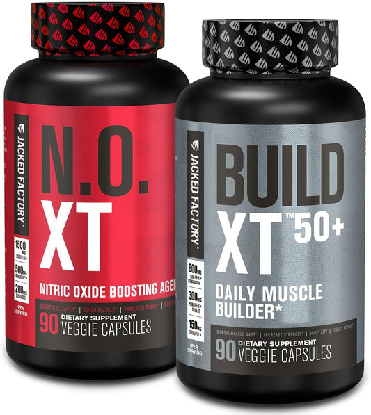 Jacked Factory N.O. XT Nitric Oxide & Build XT Muscle Builder Combo Pack - 90 Capsules Each - Muscle Growth, Pumps, Vitality & Recovery