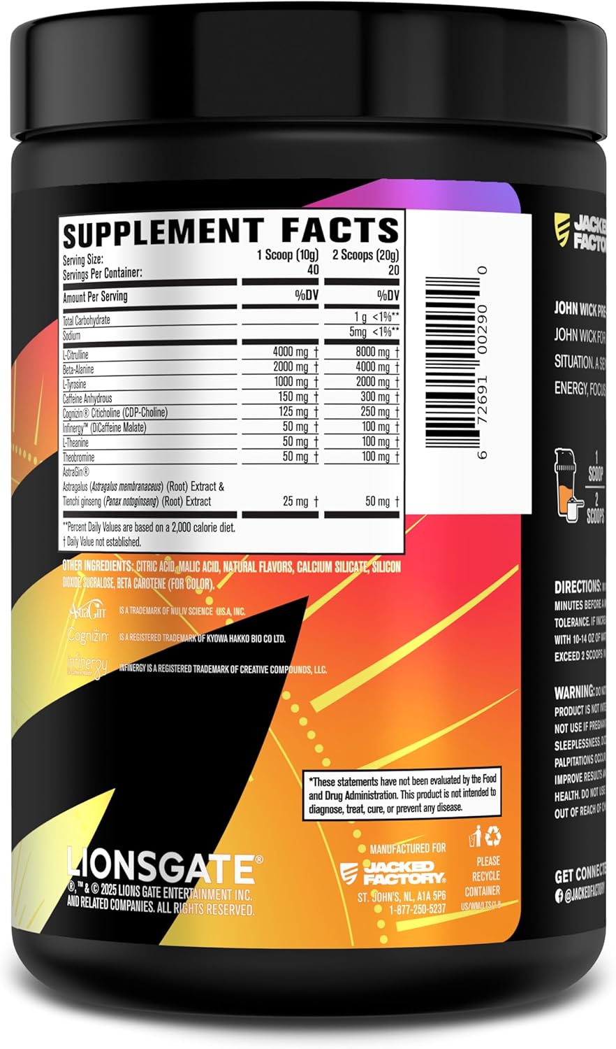 Jacked Factory X John Wick Wick Mode Pre Workout Powder - Tropical Sunrise Flavor - 40 Servings
