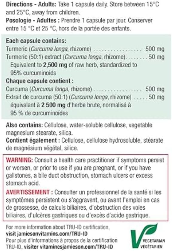 Jamieson Curcumin Turmeric Capsules - 60 Vegetarian Capsules for Joint Support and Overall Wellness