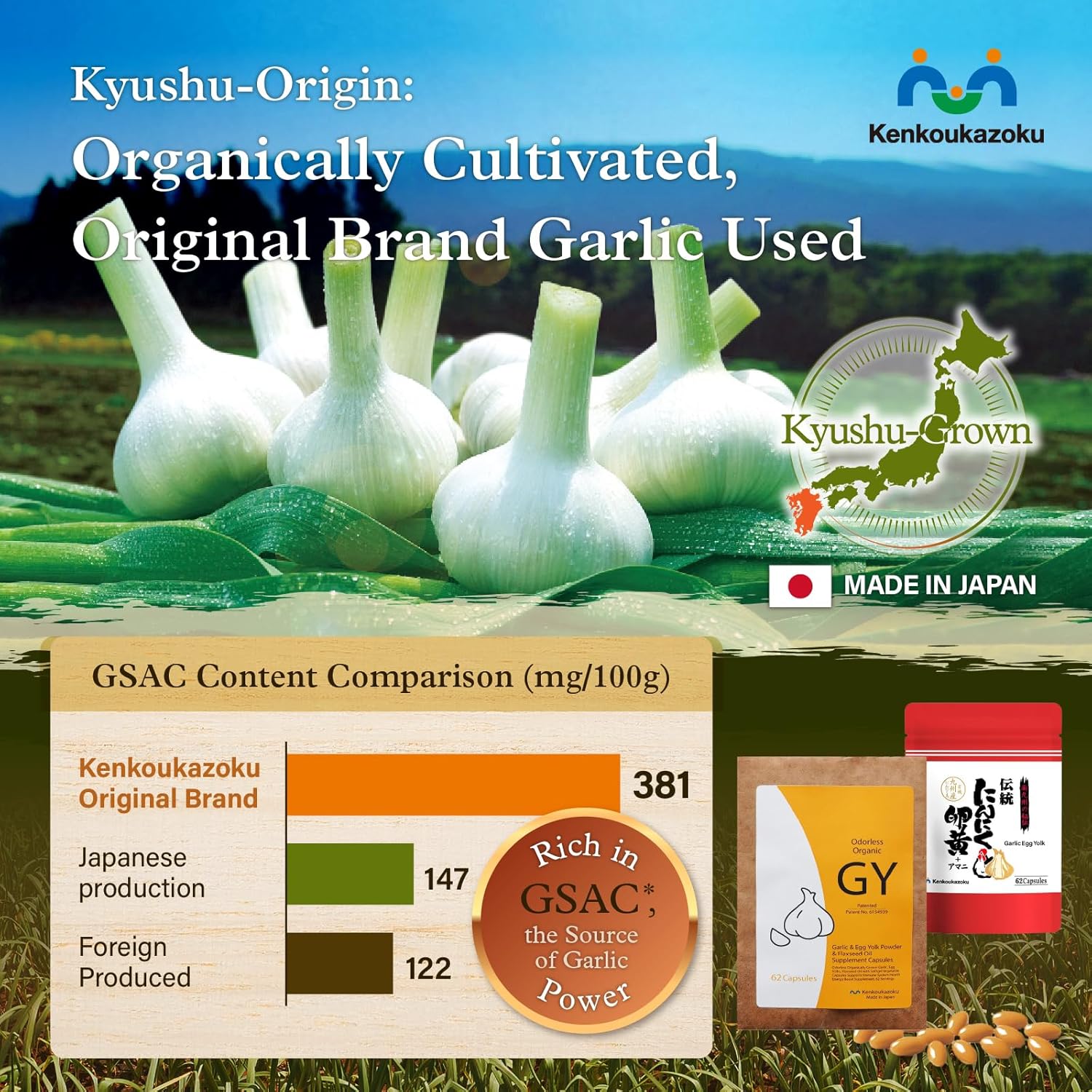 Japanese Kenkoukazoku Odorless Garlic Supplements with Allicin - 62 Capsules
