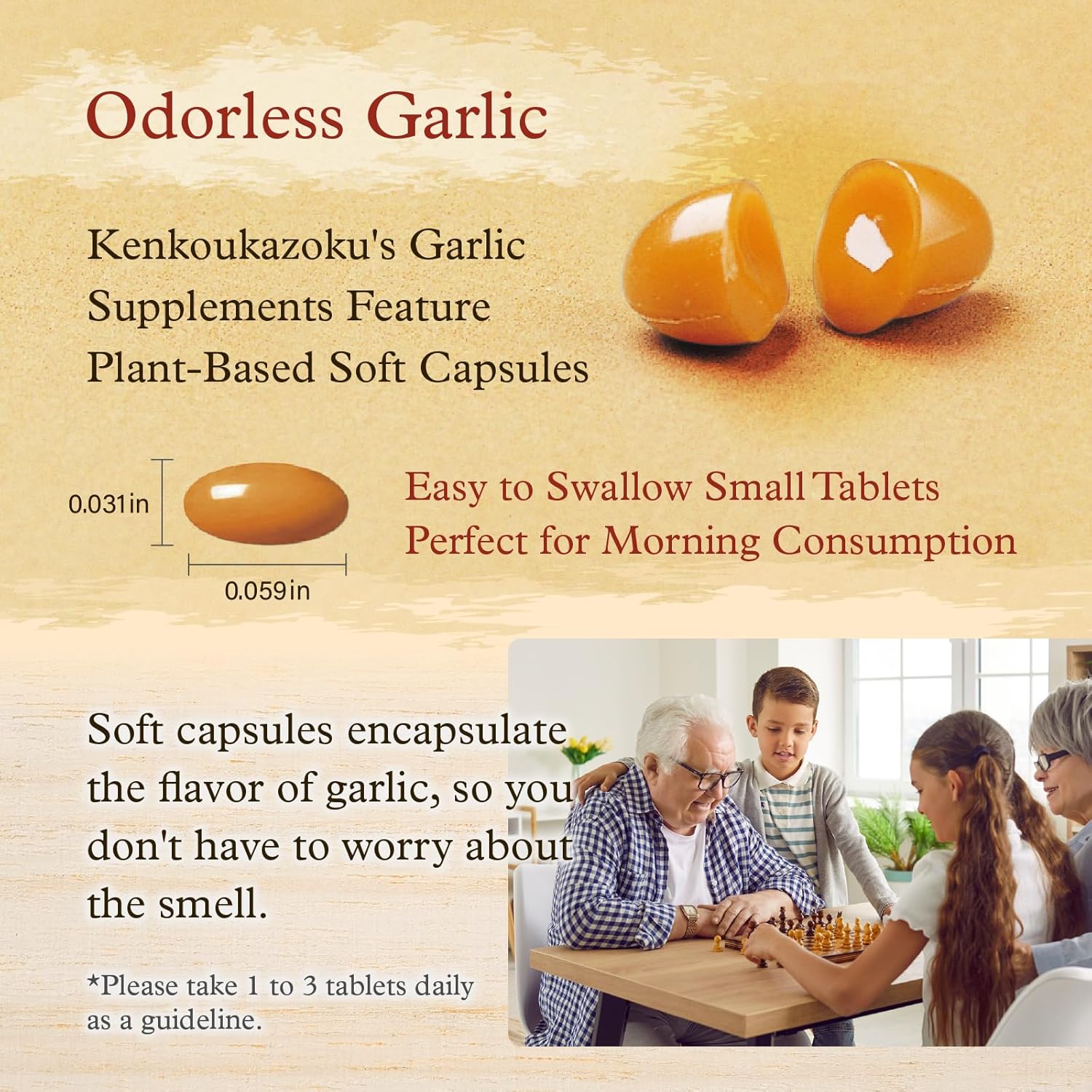 Japanese Kenkoukazoku Odorless Garlic Supplements with Allicin - 62 Capsules
