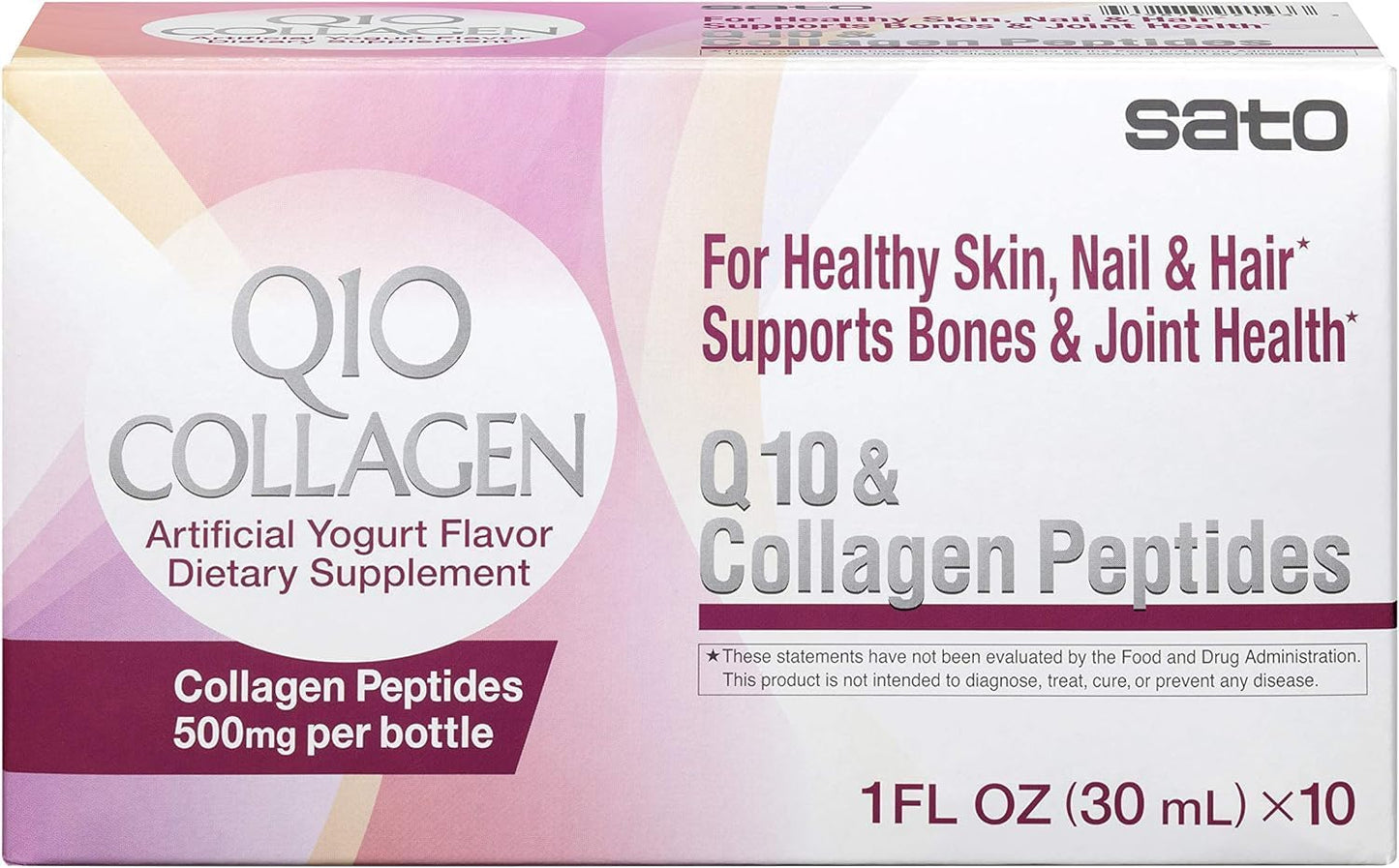 Japanese Sato Q10 & Collagen Peptides 500mg for Skin, Hair, Nails, Bones & Joints - 10 Bottles x 1oz - Made in Japan