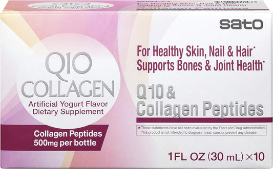 Japanese Sato Q10 & Collagen Peptides 500mg for Skin, Hair, Nails, Bones & Joints - 10 Bottles x 1oz - Made in Japan