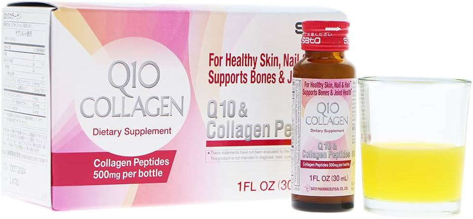 Japanese Sato Q10 & Collagen Peptides 500mg for Skin, Hair, Nails, Bones & Joints - 10 Bottles x 1oz - Made in Japan