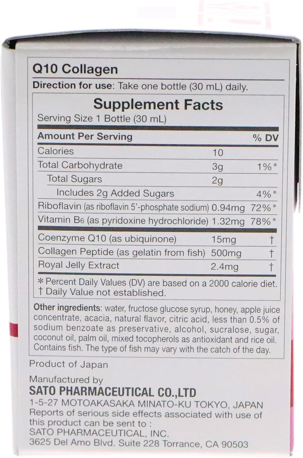 Japanese Sato Q10 & Collagen Peptides 500mg for Skin, Hair, Nails, Bones & Joints - 10 Bottles x 1oz - Made in Japan