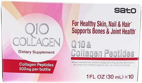 Japanese Sato Q10 & Collagen Peptides 500mg for Skin, Hair, Nails, Bones & Joints - 10 Bottles x 1oz - Made in Japan