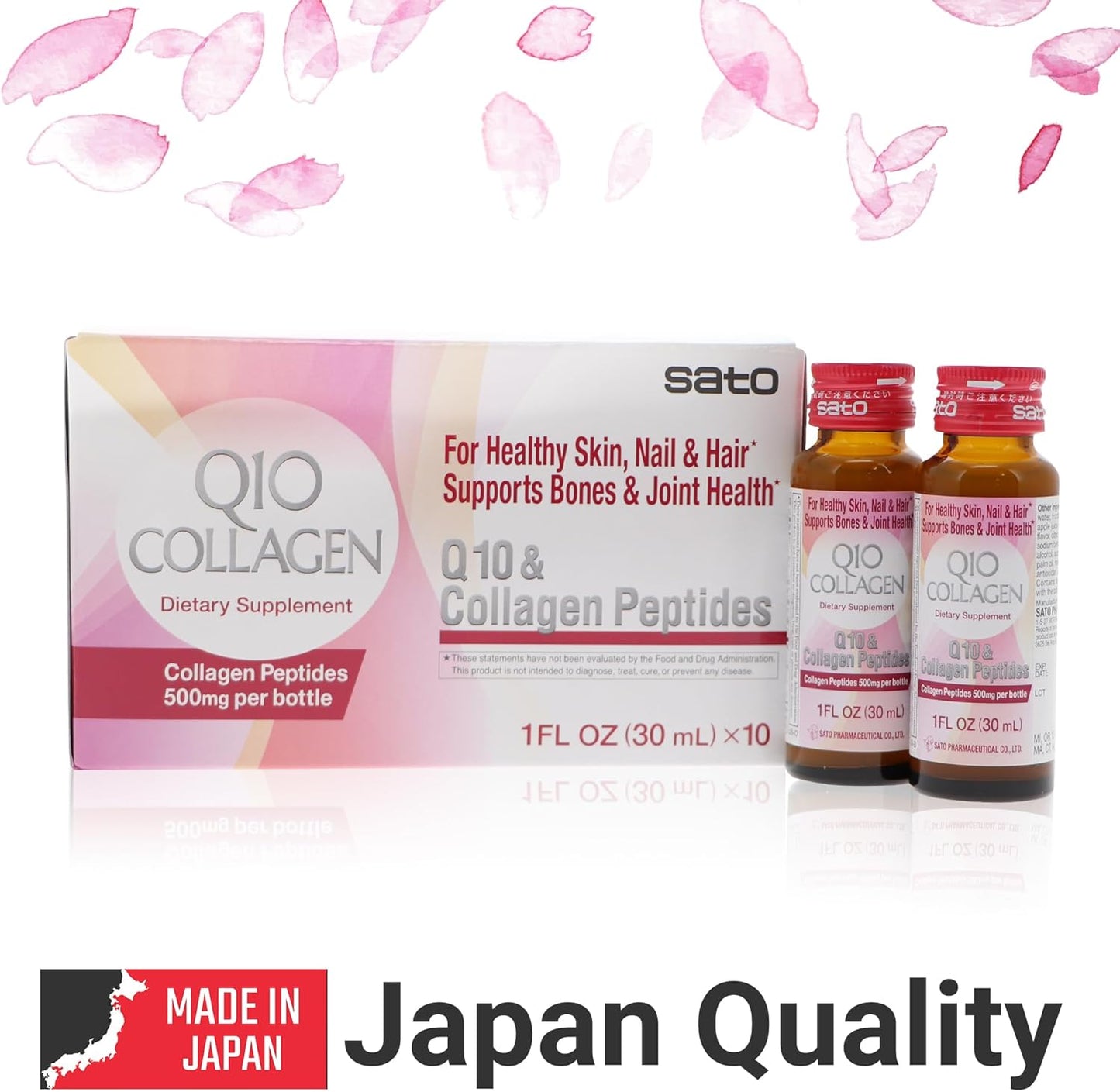 Japanese Sato Q10 & Collagen Peptides 500mg for Skin, Hair, Nails, Bones & Joints - 10 Bottles x 1oz - Made in Japan