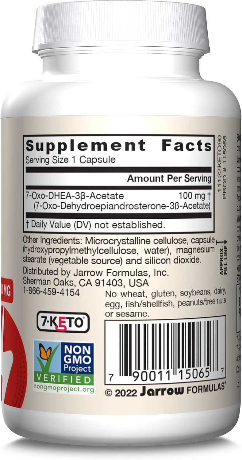 Jarrow Formulas 7-Keto DHEA 100 mg Veggie Caps - 90 Servings - Supports Carbohydrate Metabolism - Non-GMO, Gluten Free, Vegan