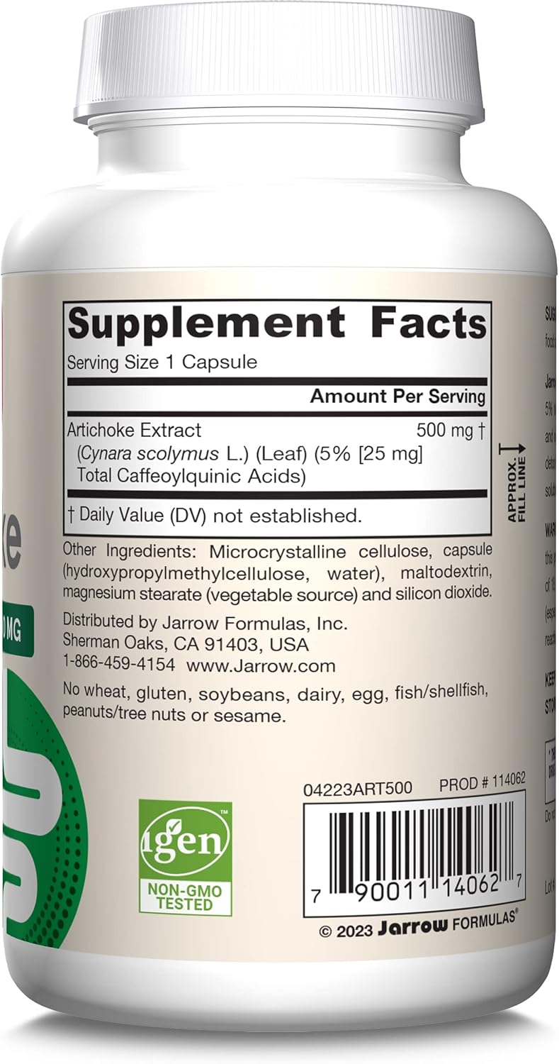 Jarrow Formulas Artichoke 500 mg Capsules - 180 Count - Standardized Extract for Liver Health & Digestion - White 180 Servings