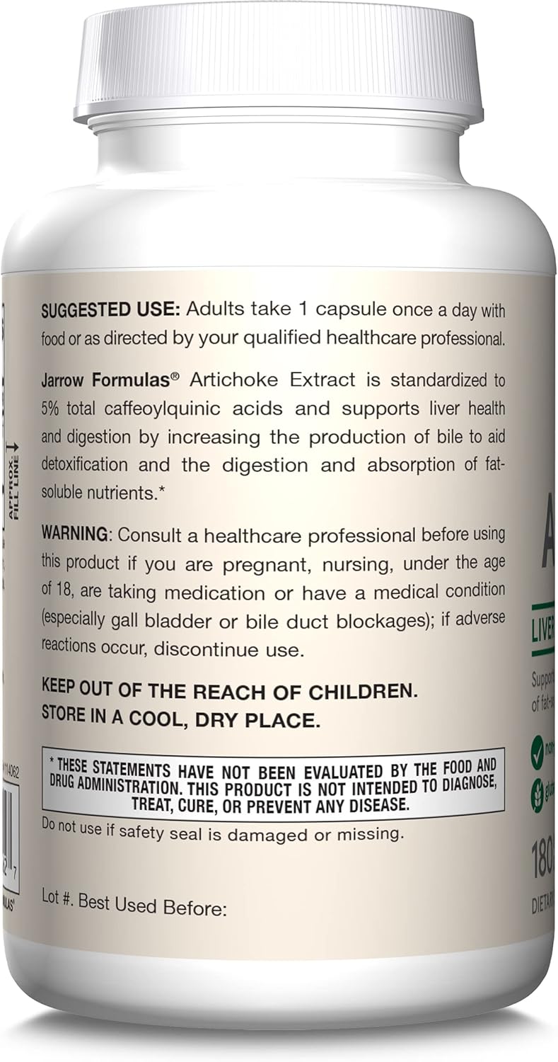 Jarrow Formulas Artichoke 500 mg Capsules - 180 Count - Standardized Extract for Liver Health & Digestion - White 180 Servings