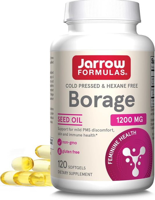 Jarrow Formulas Borage Oil Supplement 1200mg Softgels - Rich in GLA for Skin & Immune Health, PMS Relief - 120 Servings