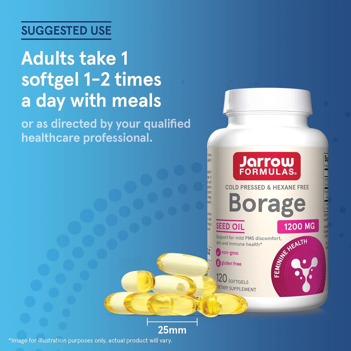 Jarrow Formulas Borage Oil Supplement 1200mg Softgels - Rich in GLA for Skin & Immune Health, PMS Relief - 120 Servings