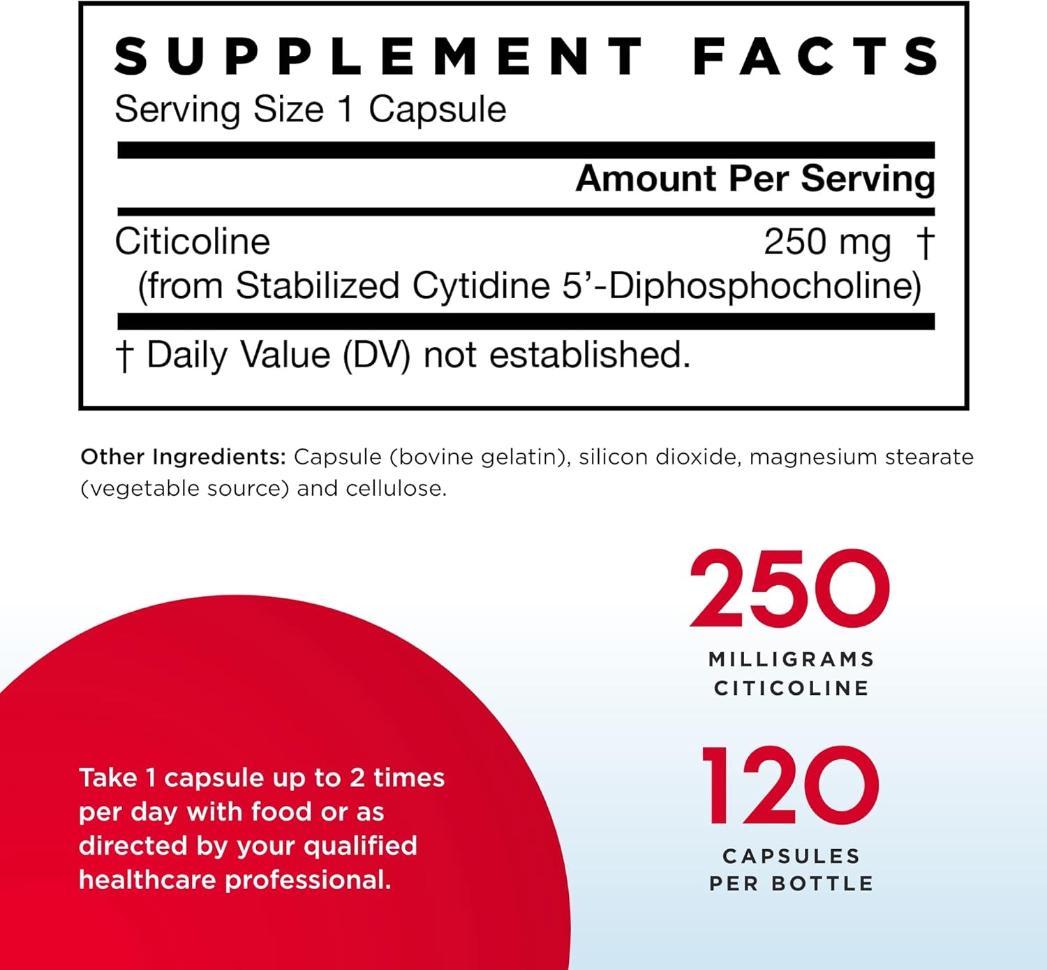 Jarrow Formulas Citicoline (CDP Choline) 250mg Capsules - Pack of 240 Servings for Brain Health & Attention Performance