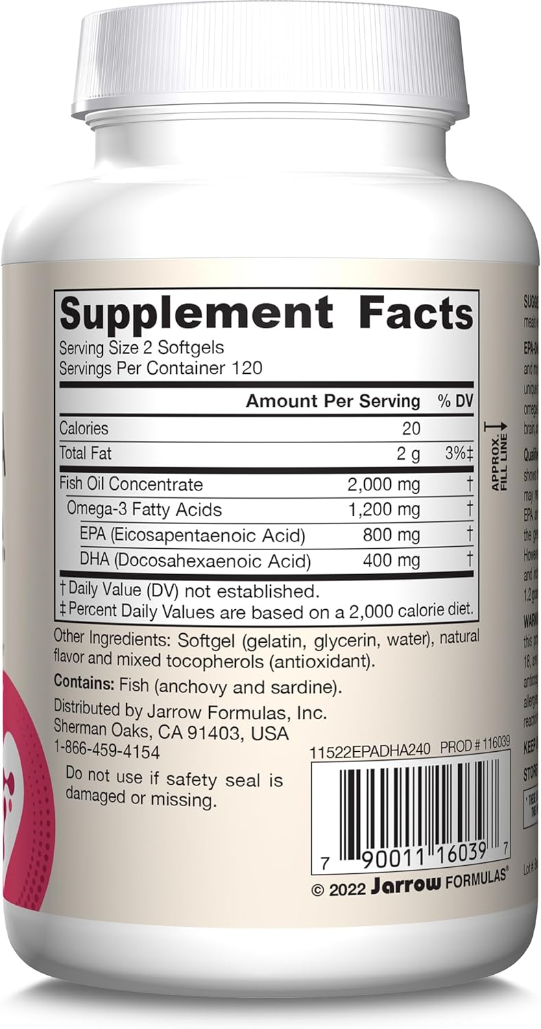 Jarrow Formulas EPA-DHA Balance 1,200 mg Omega-3 Softgels - Cardiovascular Support - 240 Count
