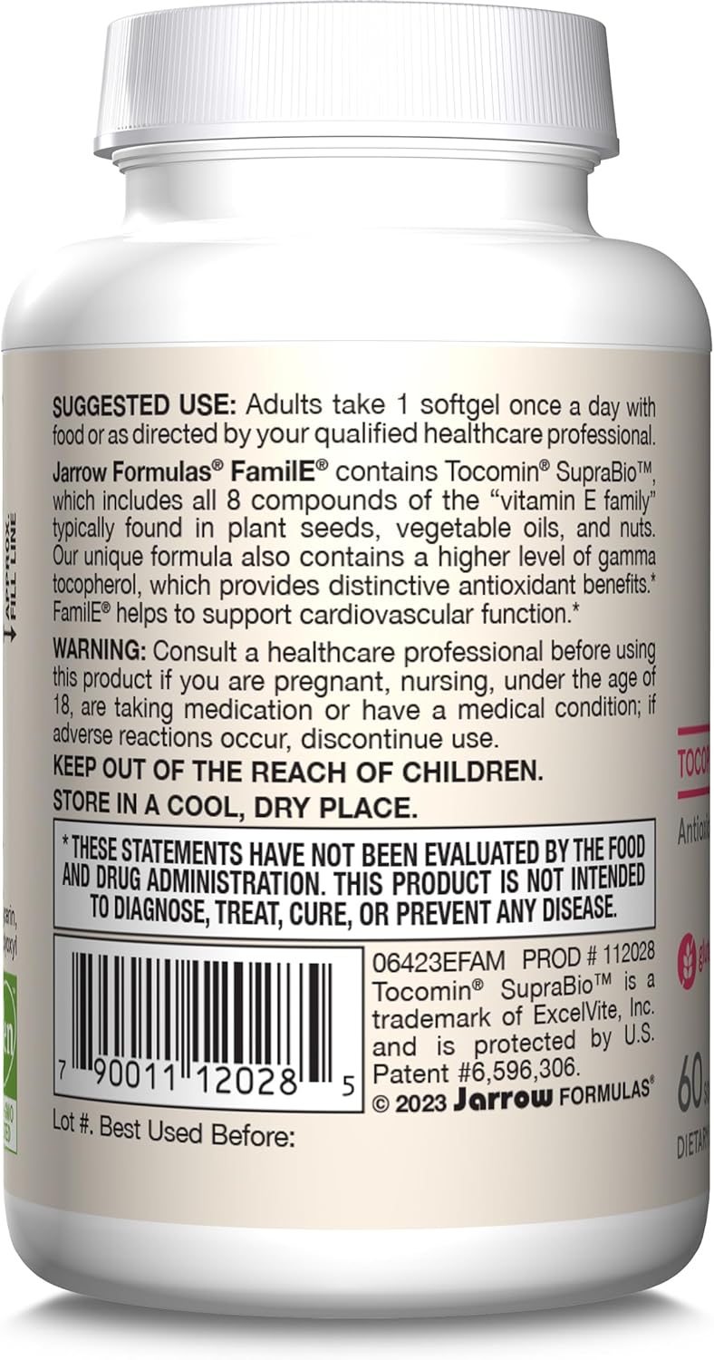 Jarrow Formulas FamilE Tocopherol Tocotrienol Complex Antioxidant Cardiovascular Support 60 Softgels