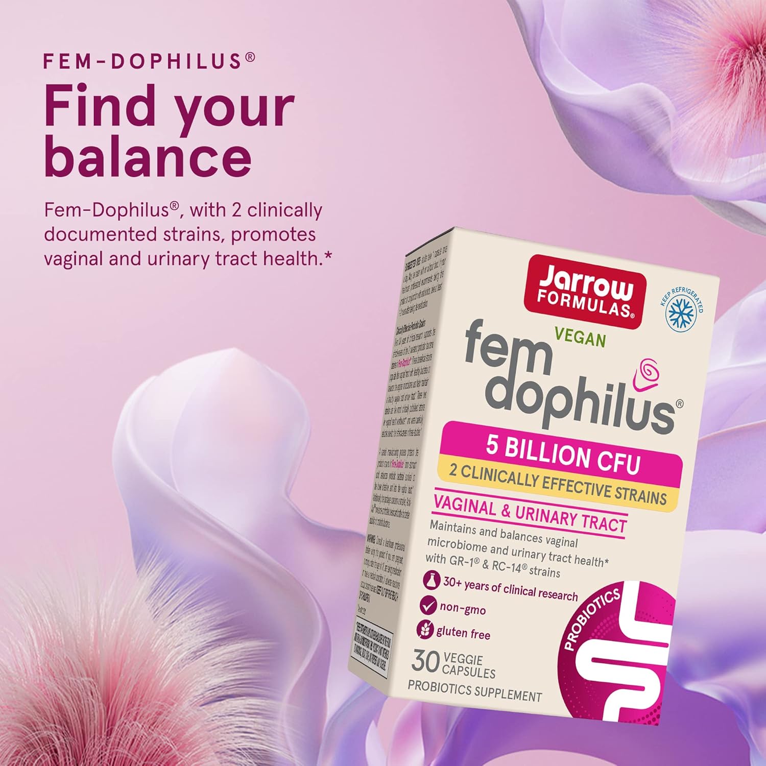 Jarrow Formulas Fem-Dophilus Probiotic for Women - 5 Billion CFU - Supports Urinary Tract and Vaginal Health - 30 Veggie Capsules