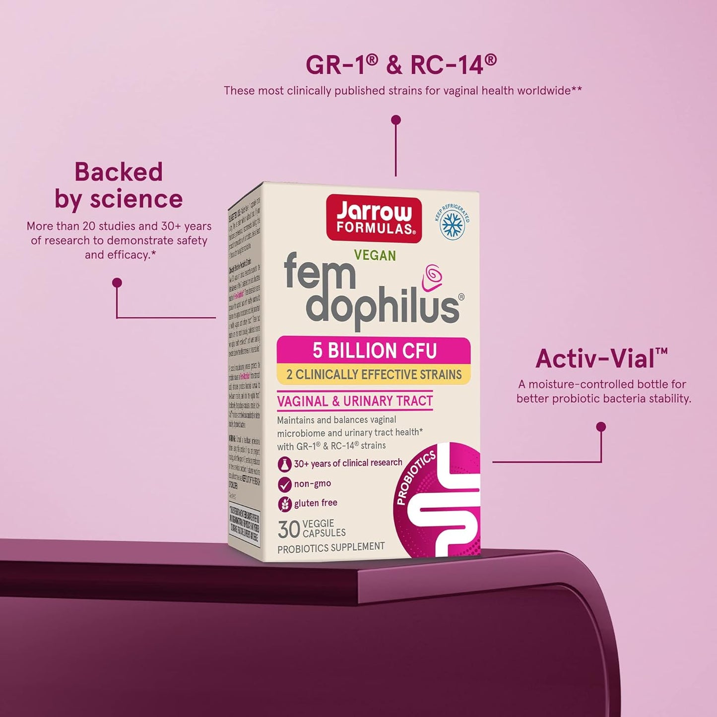 Jarrow Formulas Fem-Dophilus Probiotic for Women - 5 Billion CFU - Supports Urinary Tract and Vaginal Health - 30 Veggie Capsules