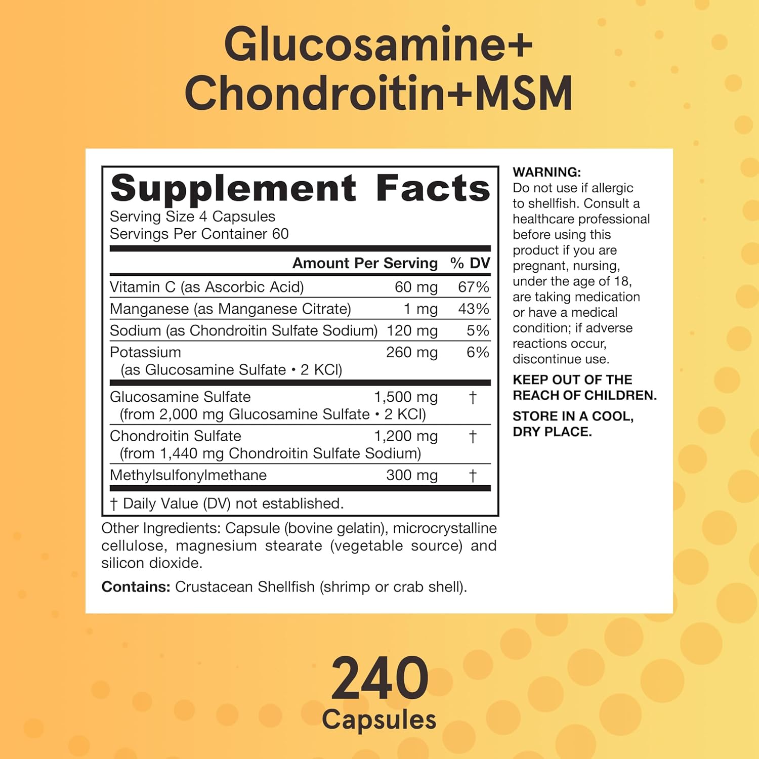 Jarrow Formulas Glucosamine Chondroitin MSM Capsules with Vitamin C & Manganese - 240ct, 60 Day Supply (Pack of 12)