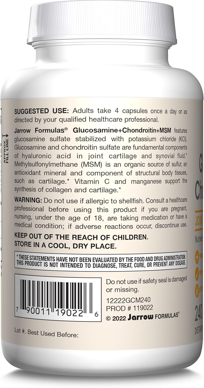Jarrow Formulas Glucosamine Chondroitin MSM Capsules with Vitamin C & Manganese - 240ct, 60 Day Supply (Pack of 12)