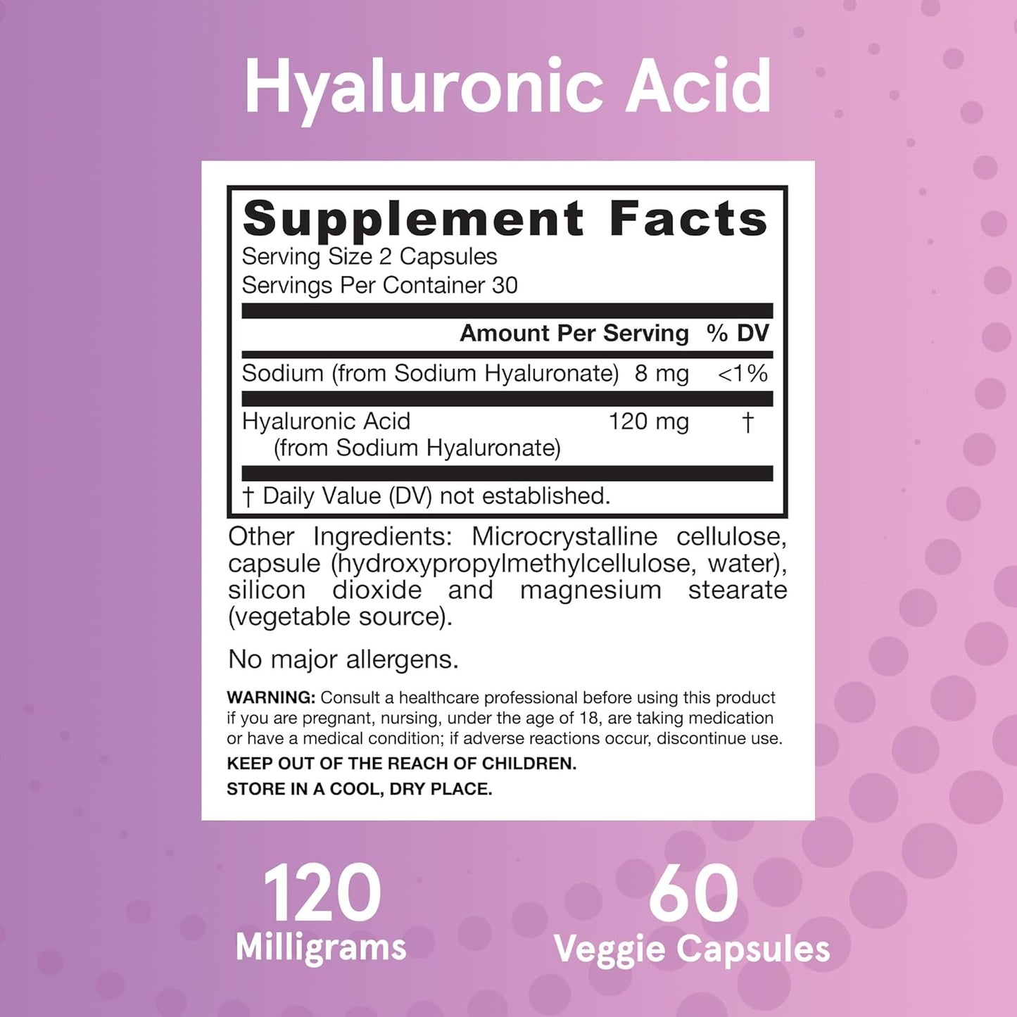 Jarrow Formulas Hyaluronic Acid 120mg Supplement for Skin Health - 60 Veggie Capsules