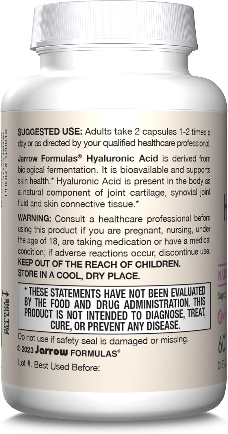 Jarrow Formulas Hyaluronic Acid 120mg Supplement for Skin Health - 60 Veggie Capsules