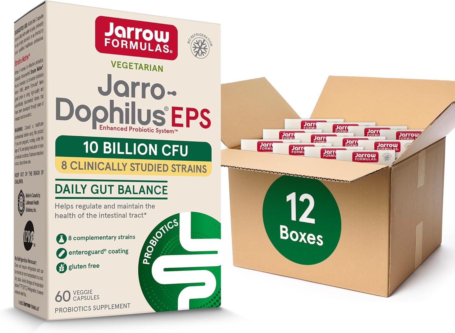 Jarrow Formulas Jarro-Dophilus EPS Probiotics 10 Billion CFU, Intestinal Tract Support, 60 Veggie Capsules (Pack of 12)